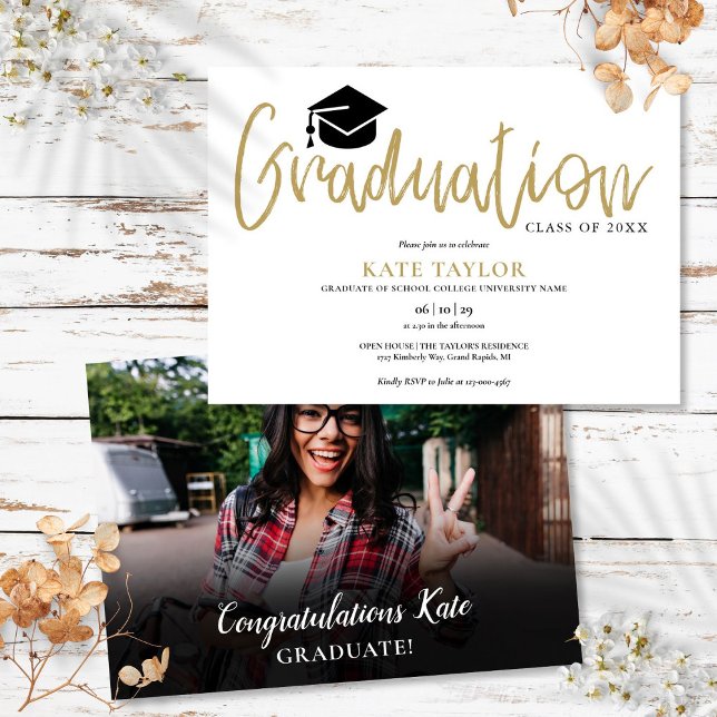 Convites Festa de Formatura com Letra Dourada Moderna e Sim (Modern Simple Gold Script Graduation Party Photo Invitation)