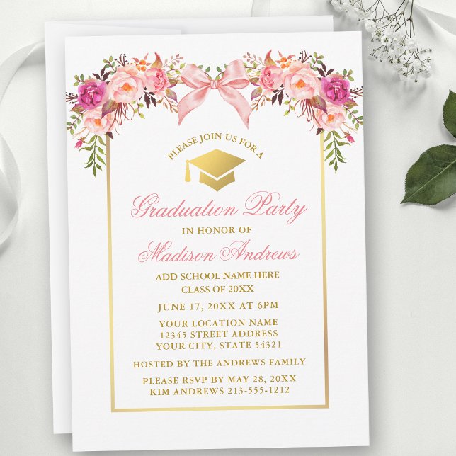 Convites Festa de Formatura com Rosas em Aquarela e Laço Ro (Customize to change text color, text style or to add text to back of card.)