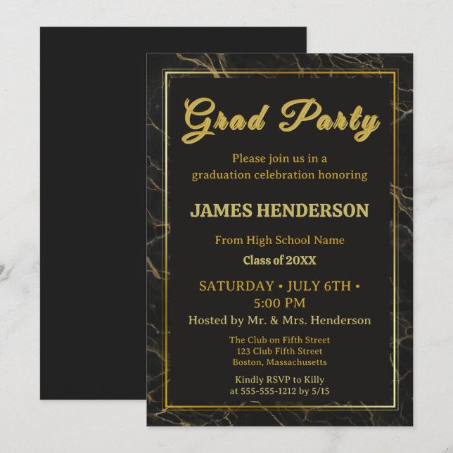 Convites Festa de formatura da Caligrafia em Mármore Negro  (Frente/Verso)