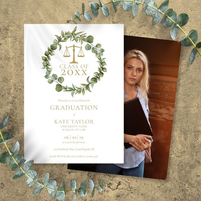 Convites Festa de Formatura da Faculdade de Direito com Gri (Elegant Garland Photo Law School Graduation Party Invitation)