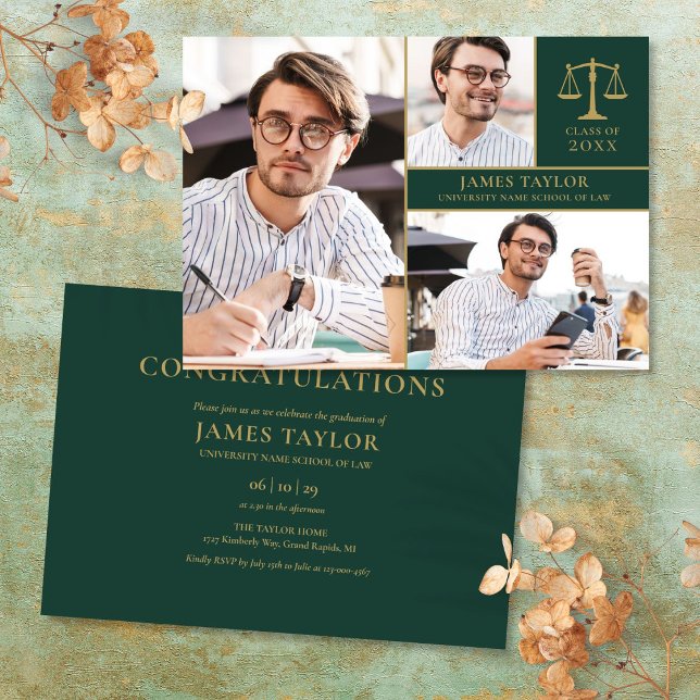 Convites Festa de Formatura da Faculdade de Direito Verde E (Emerald Green 3 Photo Law School Graduation Party Invitation)