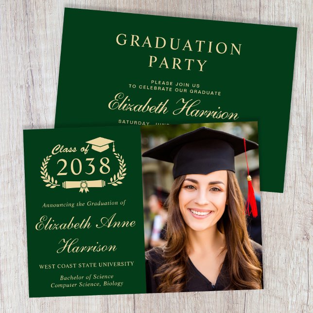 Convites Festa de Formatura da Faculdade Verde Dourado Eleg (Elegant Photo Green Gold College Graduation Party Invitation)