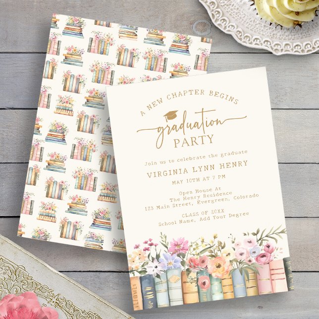 Convites Festa de Formatura da Floral Books (Watercolor Floral Books Graduation Party Invitation by Painted Paperie
)