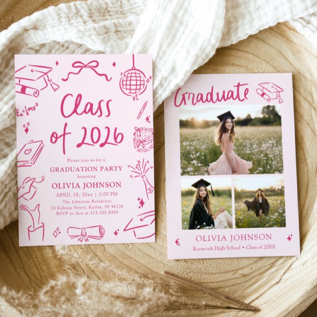 Convites Festa de Formatura da Turma de 2026 Desenhada à Mã (Modern Hand Drawn Class of 2026 Graduation Party Invitation)