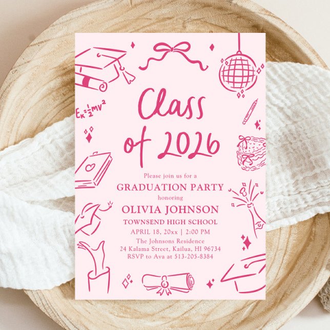 Convites Festa de Formatura da Turma de 2026 Desenhada à Mã (Modern Hand Drawn Class of 2026 Graduation Party Invitation)