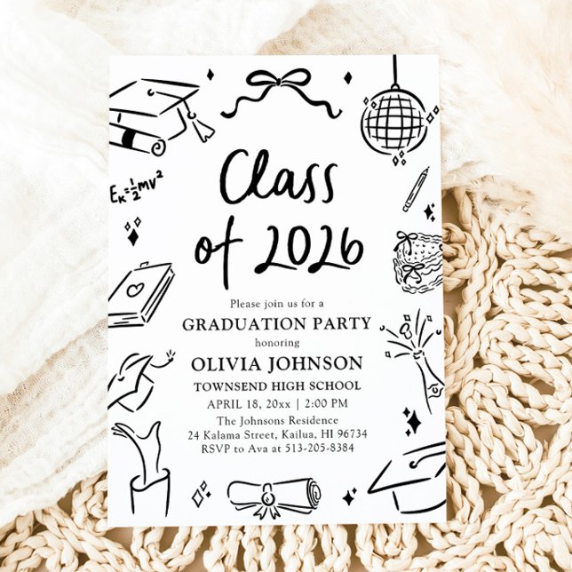 Convites Festa de Formatura da Turma de 2026 Desenhada à Mã (Modern Hand Drawn Class of 2026 Graduation Party Invitation)