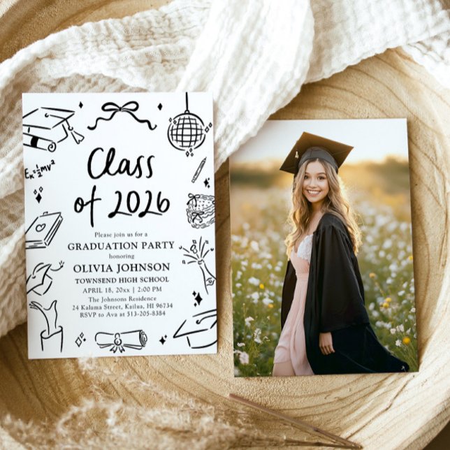 Convites Festa de Formatura da Turma de 2026 Desenhada à Mã (Modern Hand Drawn Class of 2026 Graduation Party Invitation)
