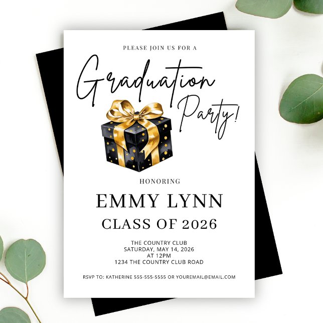 Convites Festa de Formatura da Turma de 2026 Preta e Dourad (Black and Gold Gift Class of 2026 Graduation Party Invitation)