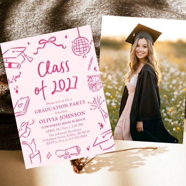 Convites Festa de Formatura da Turma de 2027 Desenhada à Mã (Modern Hand Drawn Class of 2027 Graduation Party Invitation)