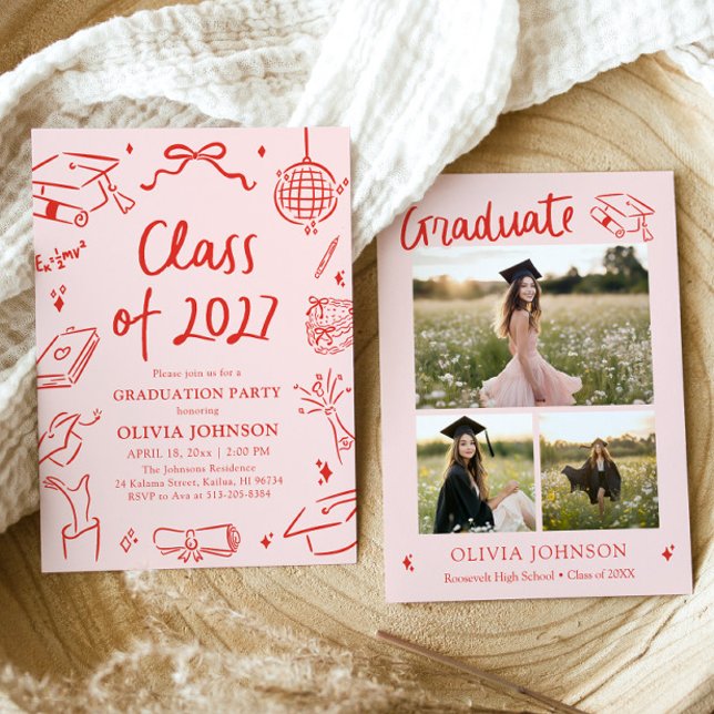 Convites Festa de Formatura da Turma de 2027 Desenhada à Mã (Modern Hand Drawn Class of 2027 Graduation Party Invitation)