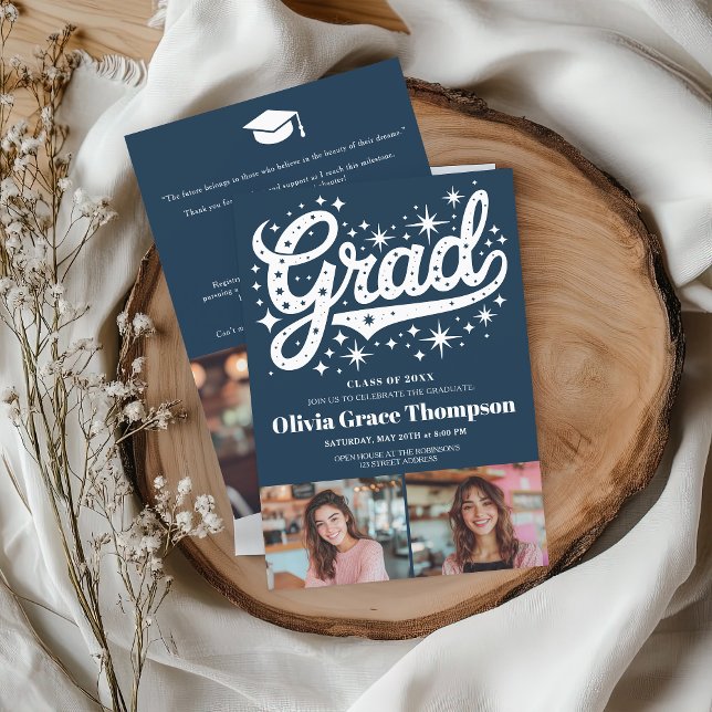 Convites Festa de formatura de 3 Fotografias do Script Azul (Retro Blue Script Stars 3-Photo Graduation Party Invitation)