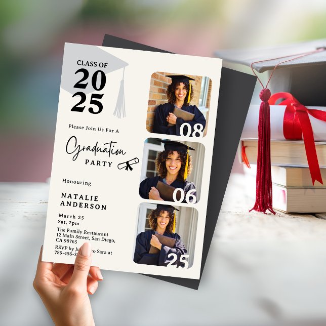 Convites Festa de formatura de 3 fotos preto e branco moder (Classy Burgundy Gold Graduate Hat Graduation Party Invitation )
