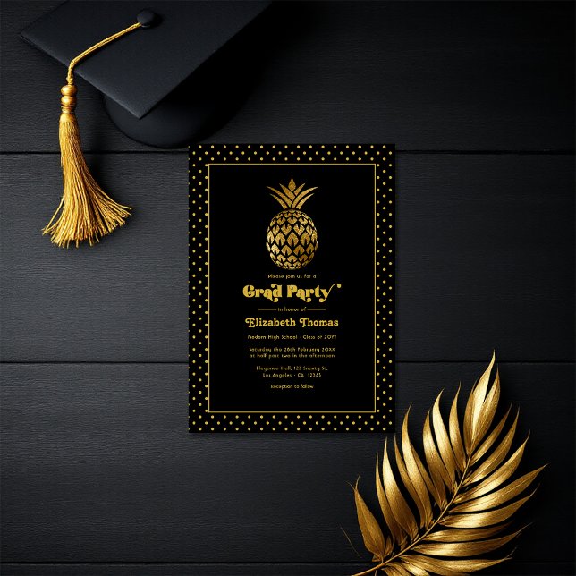 Convites Festa de formatura de abacaxi preto e Dourado Eleg (Elegant Black and Gold Pineapple Graduation Party Invitation)