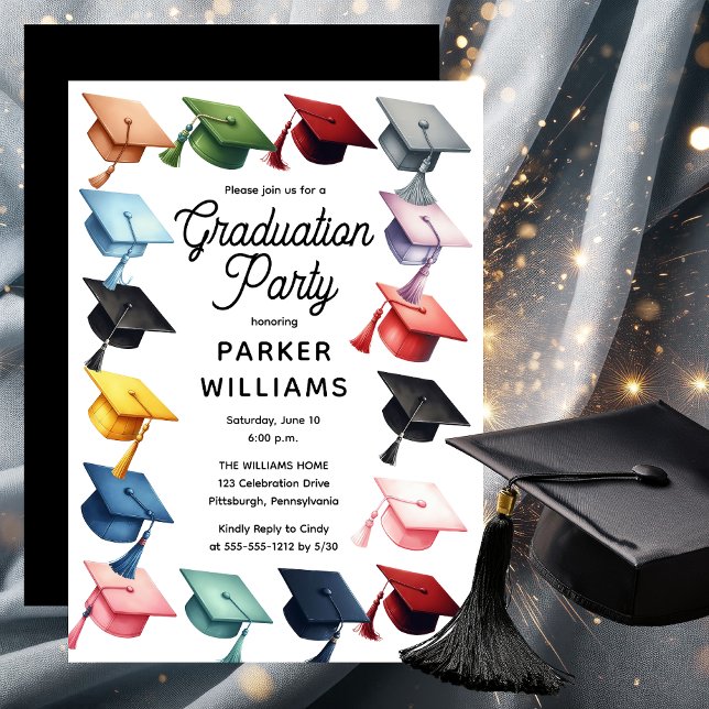 Convites Festa de formatura de Bonés de Formando com várias (Multi-Colored Grad Caps Graduation Party Invitation)