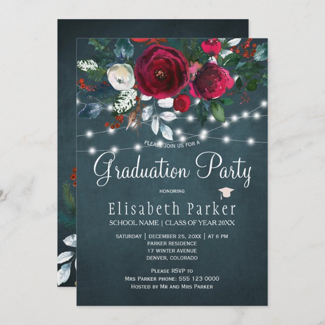 Convites Festa de formatura de burgundy floral elegante (Frente/Verso)