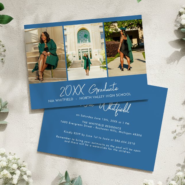 Convites Festa de formatura de Colagem de Fotos Mínima Azul (Criador carregado)