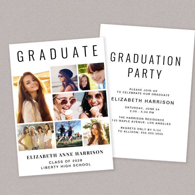 Convites Festa de formatura de Colagem de Fotos Moderna (A modern photo collage graduation party invitation to celebrate the graduate's achievements)