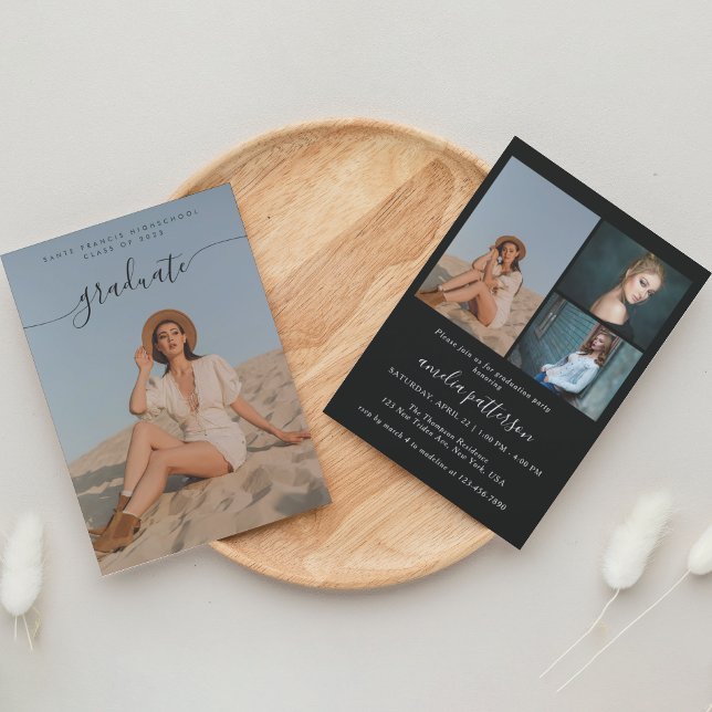 Convites Festa de formatura de Colagem de Fotos Preta Cláss (Criador carregado)