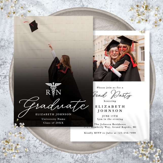 Convites Festa de Formatura de Enfermagem RN Roteiro Elegan (Photo Elegant Script RN Nursing Graduation Party Invitation)