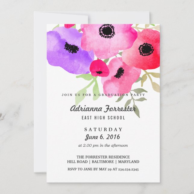 Convites Festa de formatura de Flores Modernas de Aquarela (Frente)