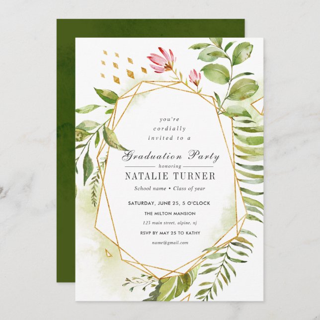 Convites Festa de formatura de Folhagem Verde Floral (Frente/Verso)