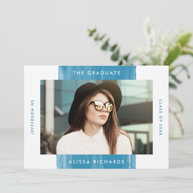 Convites Festa de formatura de Foto Azul 2 pintada Moderna (Em pé/Frente)