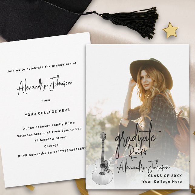 Convites Festa de Formatura de Foto de Graduado Moderno (Modern graduate photo trendy script Graduation party invitation country music guitar illustration)