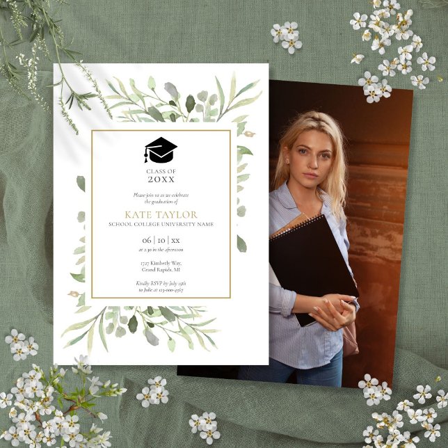 Convites Festa de formatura de Foto Elegante Simples (Simple Elegant Greenery Photo Graduation Party Invitation)