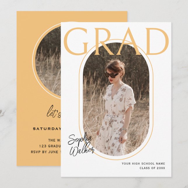 Convites Festa de formatura de Foto Laranja de Script Simpl (Frente/Verso)