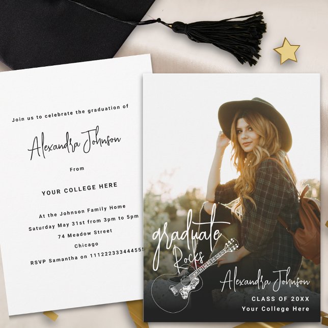 Convites Festa de formatura de Foto Moderna (Modern trendy vertical photo Graduation announcement party invitation with cool country guitar )