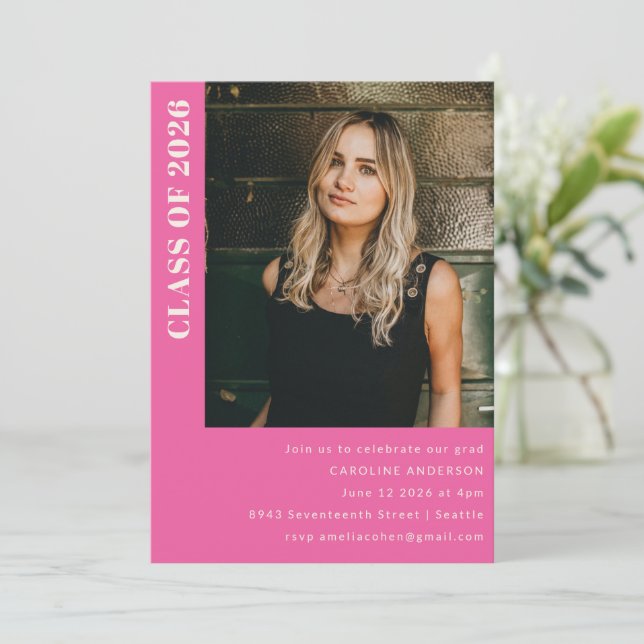 Convites Festa de formatura de Foto Rosa Quente Moderna Cla (Em pé/Frente)