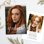 Convites Festa de formatura de Fotografia da Caligrafia Mod<br><div class="desc">Orçamento Caligrafia Moderna O Convite para Festa de formatura de Fotografia apresenta uma grande foto de cheio sangrando na frente,  juntamente com duas fotos e seus detalhes de festa de formatura no verso.</div>