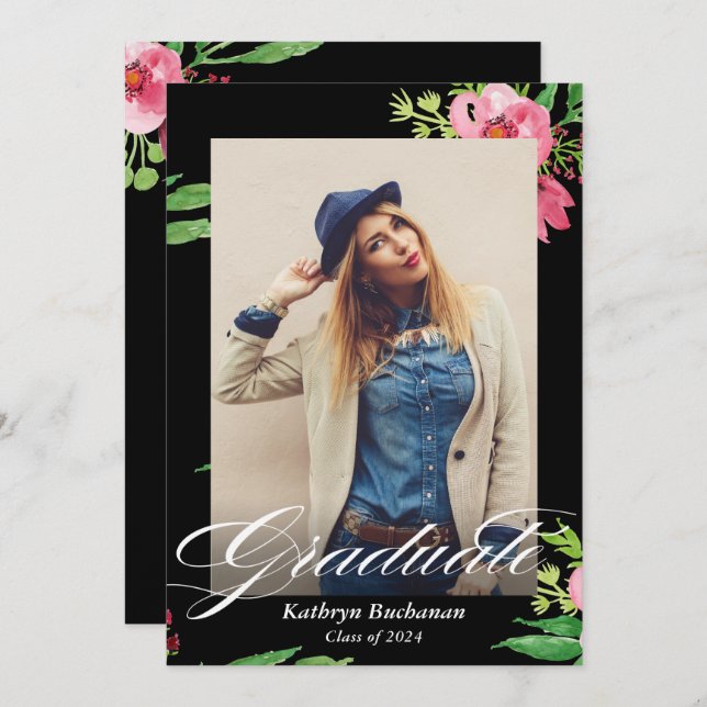 Convites Festa de formatura de Fotografia Floral Rosa Preto (Frente/Verso)