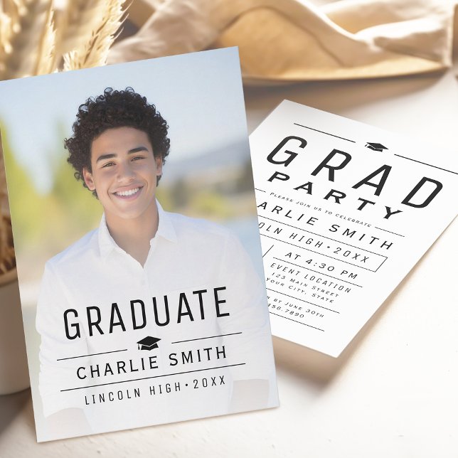 Convites Festa de formatura de Fotografia Simples Moderna (Modern Simple Typography Photo Graduation Party Invitation)