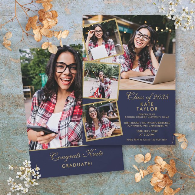 Convites Festa de formatura De Fotografias Azul E Dourada 5 (Navy Blue And Gold 5 Photo Graduation Party Invitation)