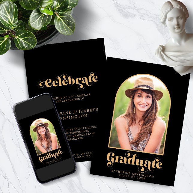Convites Festa de formatura de Fotografias de Arch Dourado  (Modern Black Gold Arch Photo Graduation Party Invitation Announcement with Instant Download option)