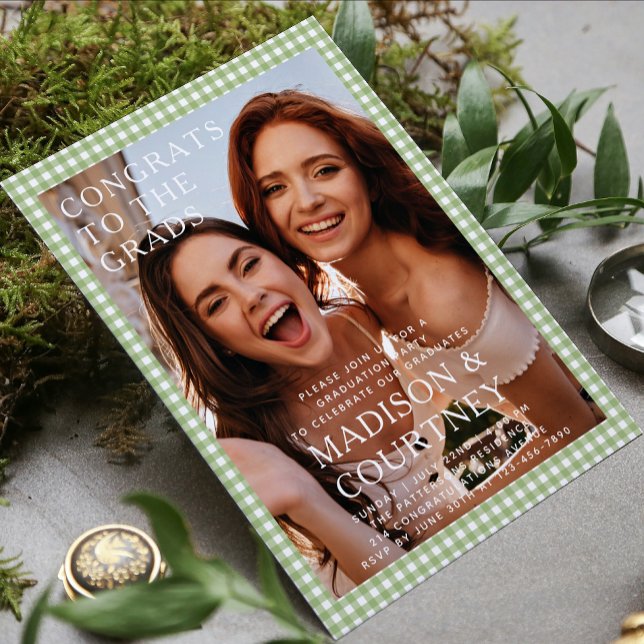Convites Festa de formatura de Fotografias de Gingham Verde (Criador carregado)
