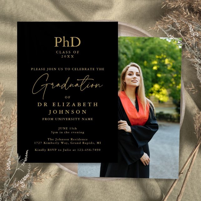 Convites Festa de formatura de Fotografias de Grau PhD Pret (Black And Gold PhD Degree Photo Graduation Party Invitation)