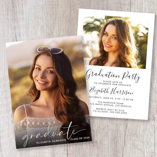 Convites Festa de formatura de Fotografias de Script Branco (Elegant White Script Photo Graduation Party Invitation)