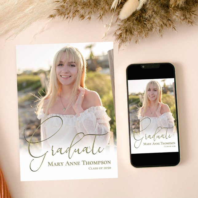 Convites Festa de formatura de Fotografias de Script Dourad (Graduate gold script photo graduation photo template)