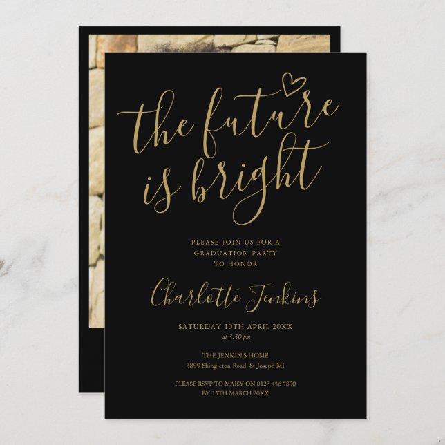 Convites Festa de formatura de Fotografias de Script Dourad (Frente/Verso)