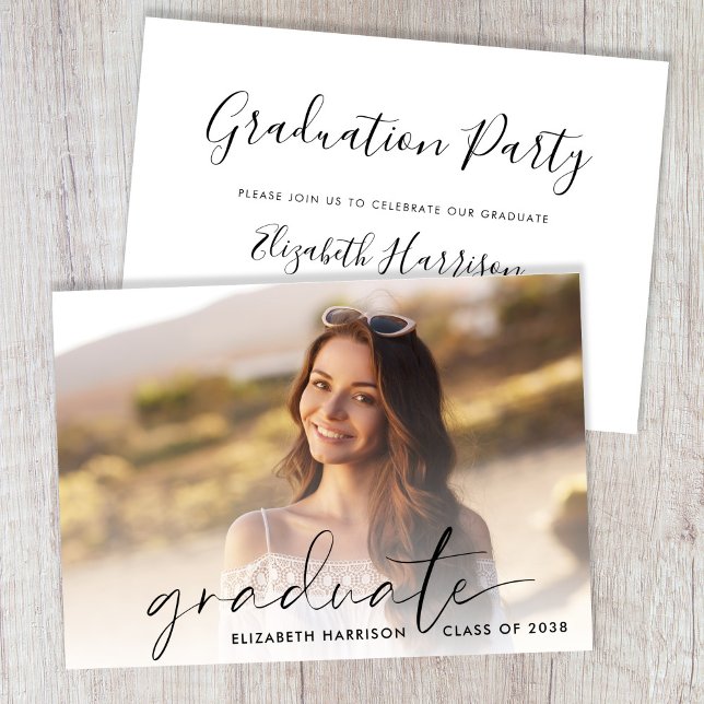 Convites Festa de formatura de Fotografias de Script Elegan (Elegant Script Photo Graduation Party Invitation)