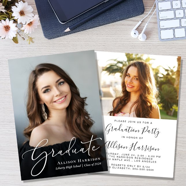 Convites Festa de formatura de Fotografias de Script Elegan (A personalized photo graduation party invitation to celebrate the graduate's achievements)