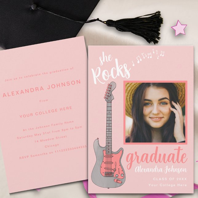 Convites Festa de formatura de Fotografias do Formando de S (Fun pink electric guitar graduate photo modern script graduation party invitation )