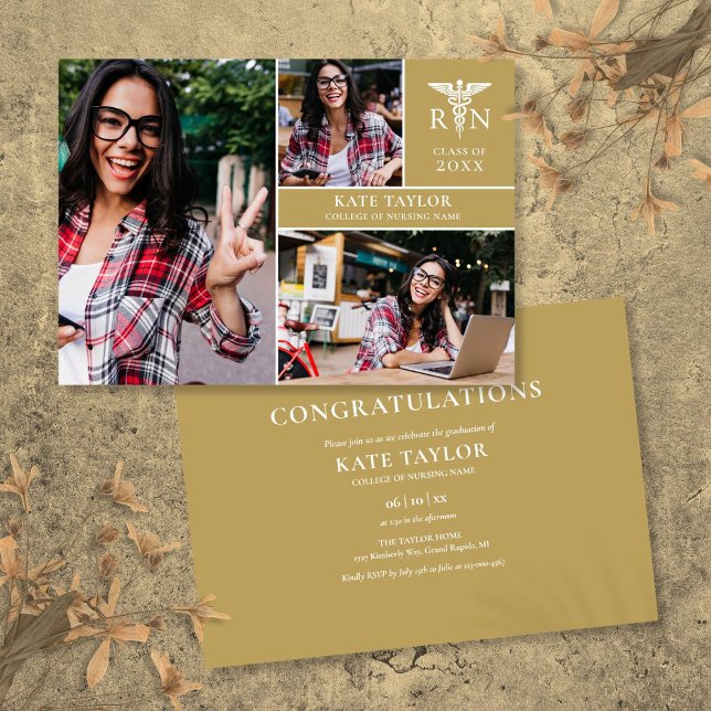 Convites Festa de formatura de Fotografias Dourada RN Enfer (Gold RN Nursing 3 Photo Graduation Party Invitation)