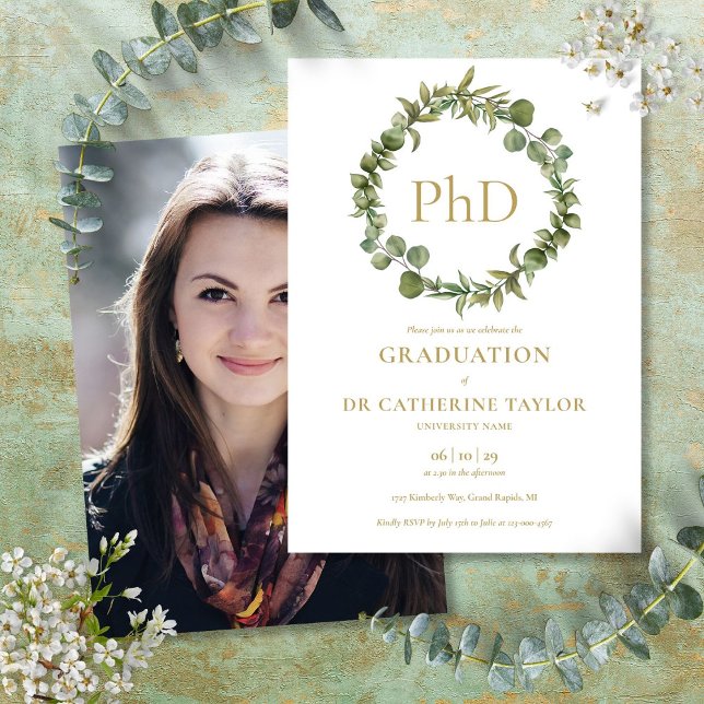 Convites Festa de formatura de Fotografias Elegante de Grau (PhD Degree Elegant Garland Photo Graduation Party Invitation)
