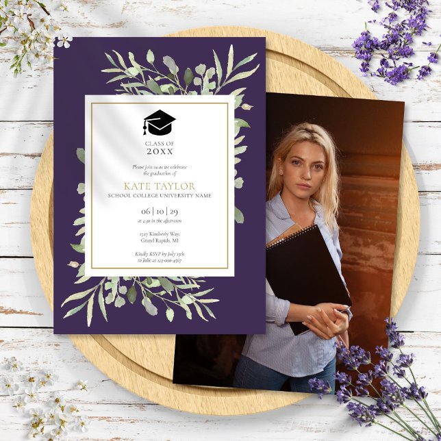 Convites Festa de formatura de Fotografias Elegante Roxo (Purple Elegant Greenery Photo Graduation Party Invitation)