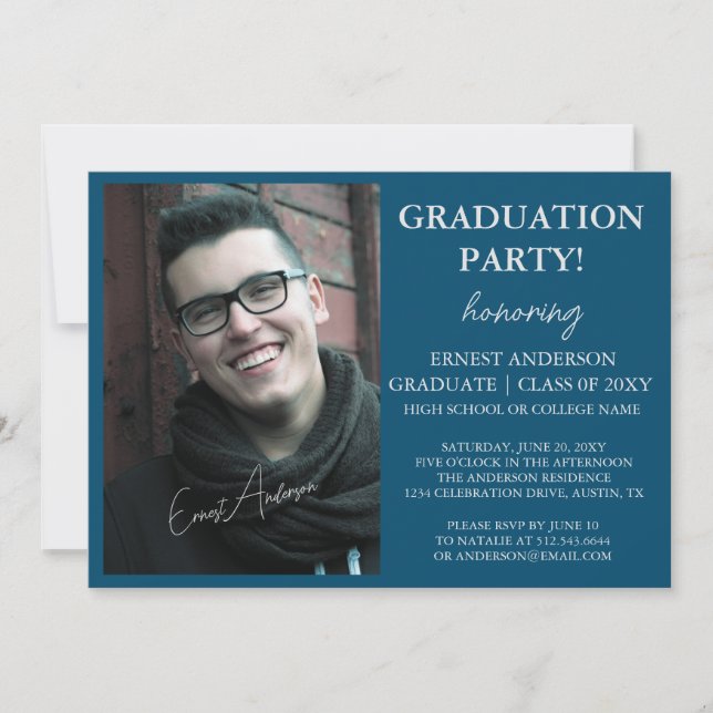 Convites Festa de formatura de Fotografias Modernas Azul (Frente)