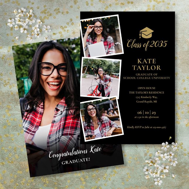 Convites Festa de formatura de Fotografias Preta E Dourada  (Black And Gold 4 Photo Graduation Party Invitation)