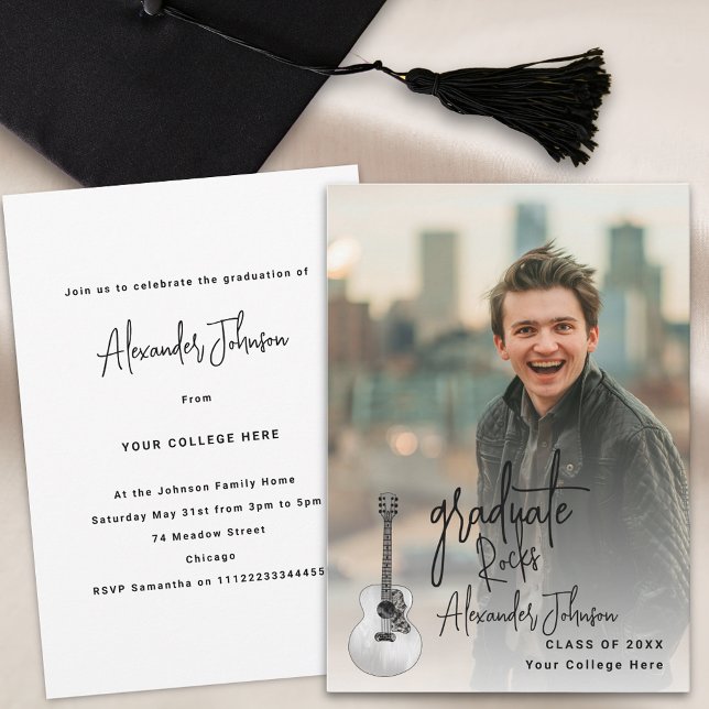 Convites Festa de formatura de Fotografias Verticais do For (Modern vertical photo Graduation announcement party invitation cool trendy script and guitar)